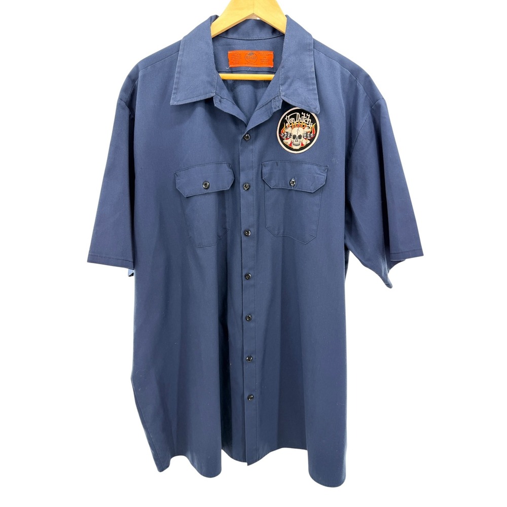 Red Kap Von Dutch Kustom Cycles Patch Work Shirt Mens 3XL Blue Y2K Mechanic